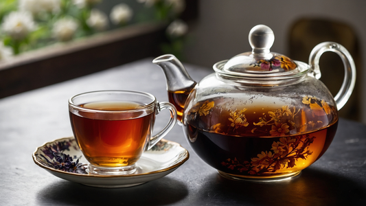 A teacup with a tea kettle showing steeped looseleaf tea