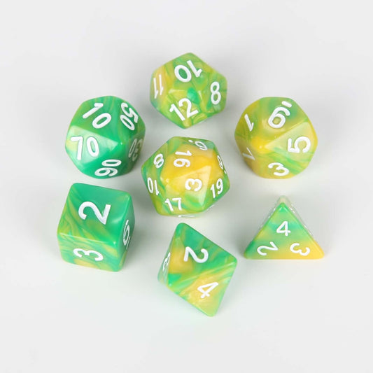 7 d&d dice with a mix of green and yellow colors