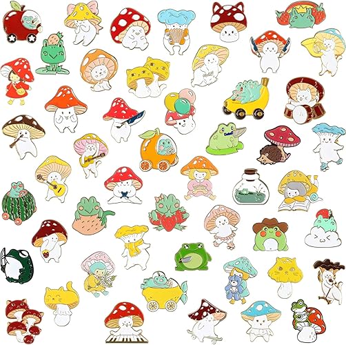 Several different frog or mushroom themed enamel pins