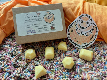 6 yellow wax melts that smell like sugar & spice, pumpkin spice, grapefruit, and coconut